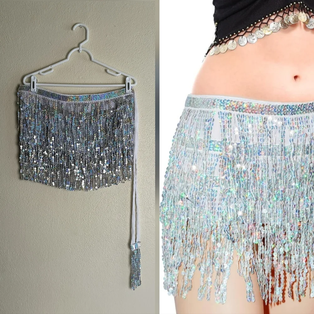 Shimmering Silver Sequin Skirt Wrap Belly Dance Hip